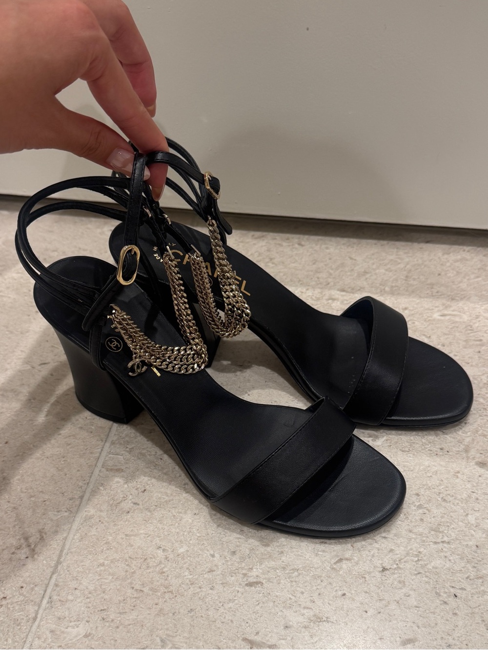 CHANEL Black Leather Gold-Chain Block Heel Sandals